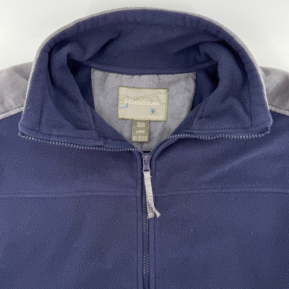 VTG Wrangler Expeditions Fleece Vest Men Large Navy Blue Gray Full Zip Mock Neck